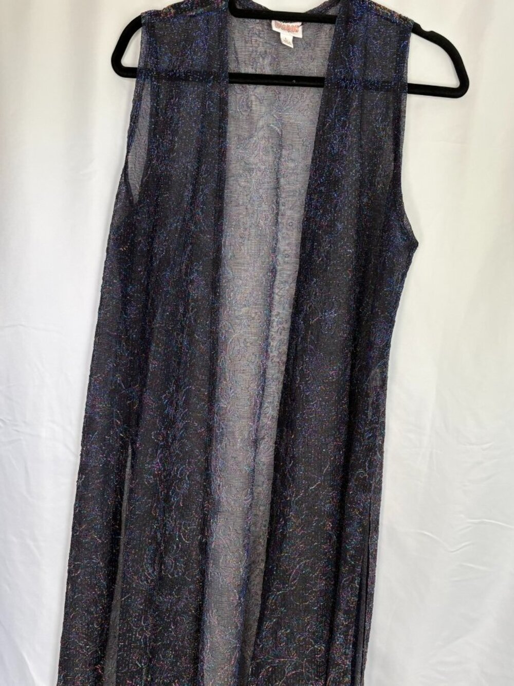 LuLaRoe Joy L Black Sheer Rainbow Iridescent Shimmer Vest